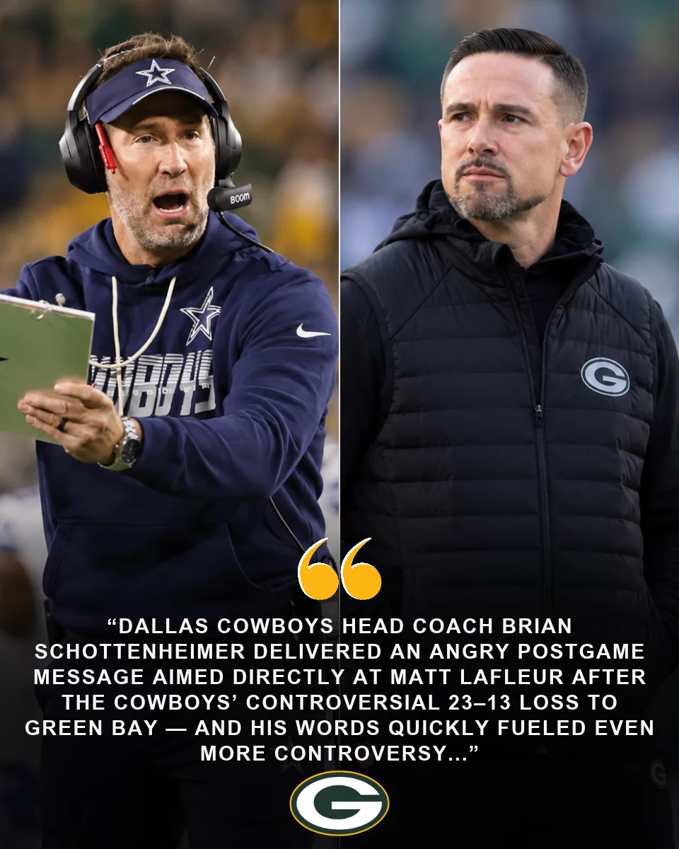 Dallas Cowboys head coach Brian Schottenheimer delivered an angry postgame message aimed directly at Matt LaFleur after the Cowboys’ controversial 23–13 loss to Green Bay